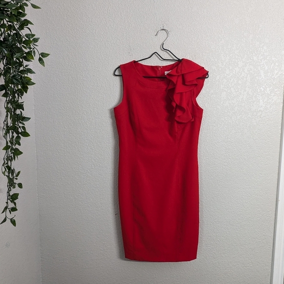 Calvin Klein Woman Red Sheath Dress Knee Length Sleeveless Ruffle Formal 8P - Picture 2 of 12